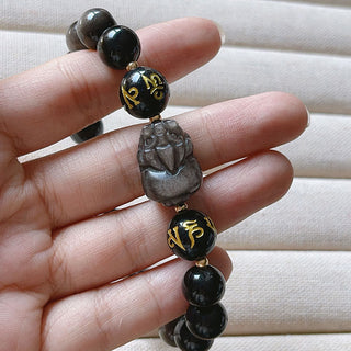 Buddha Gift Natural Silver Sheen Obsidian Black Obsidian Om Mani Padme Hum Pixiu Protection Bracelet
