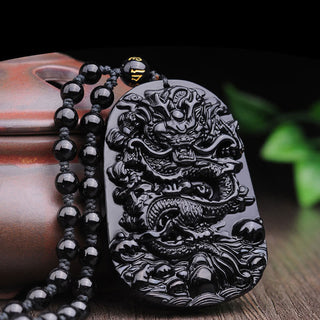 Buddha Gift Black Obsidian Stone Dragon Fulfilment Pendant Necklace