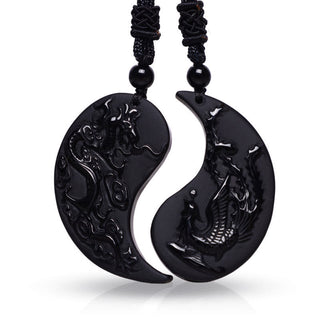 Buddha Gift Black Obsidian Yin Yang Dragon Phoenix Luck Necklace Pendant