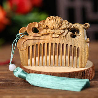 Buddha Gift Green Sandalwood Fox Peony Flower Lotus Engraved Cure Tassel Comb