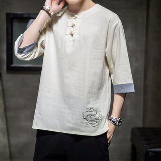Buddha Gift Frog-Button Dragon Embroidery Chinese Tang Suit Three Quarter Sleeve Shirt Cotton Linen Men Clothing