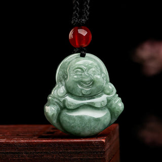 Buddha Gift Natural Green Jade Laughing Buddha Luck Abundance Necklace Pendant