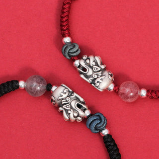 Buddha Gift 999 Sterling Silver PiXiu Strawberry Quartz Bead Wealth Luck Braided Bracelet