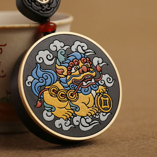 Buddha Gift PiXiu Copper Coin Ebony Wood Luck Attract Wealth Key Chain Decoration