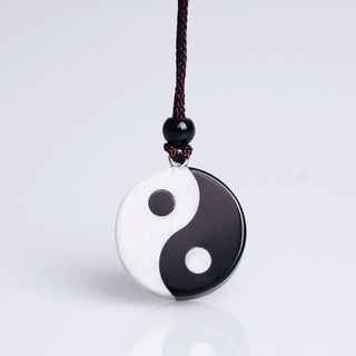 Buddha Gift Natural Black Obsidian White Turquoise Yin Yang Fulfilment Strength Necklace Pendant