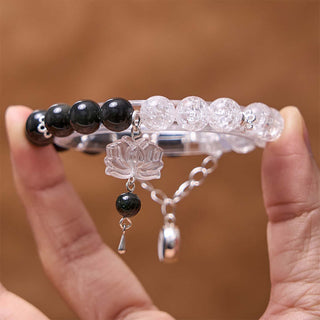 Buddha Gift Silver Sheen Obsidian Crackle Clear Quartz Black Rutilated Quartz Yin Yang Lotus Protection Bracelet