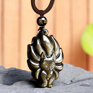 Buddha Gift Natural Rainbow Obsidian Gold Sheen Obsidian Nine Tailed Fox Positive Necklace Pendant