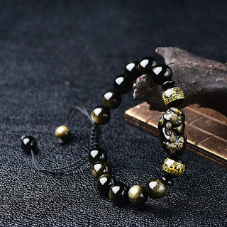 Buddha Gift Natural Gold Sheen Obsidian PiXiu Om Mani Padme Hum Wealth Braided Bracelet