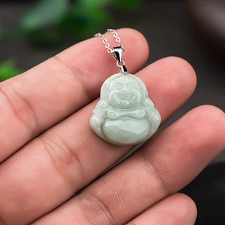 Buddha Gift 925 Sterling Silver Laughing Buddha Jade Blessing Necklace Chain Pendant