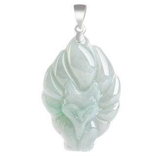 Buddha Gift 925 Sterling Silver Natural Jade Nine Tailed Fox Prosperity Necklace Pendant