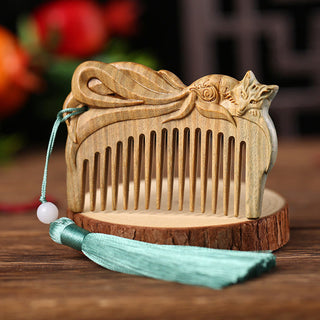 Buddha Gift Green Sandalwood Fox Peony Flower Lotus Engraved Cure Tassel Comb