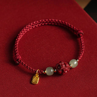 Buddha Gift Natural Cinnabar Chinese Zodiac Hetian Jade Fu Character Luck Rope Bracelet