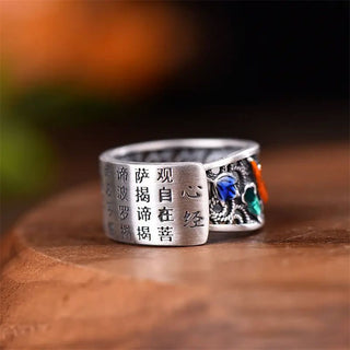 Buddha Gift Copper Blue Enamel Lotus Heart Sutra Koi Fish Luck Ring