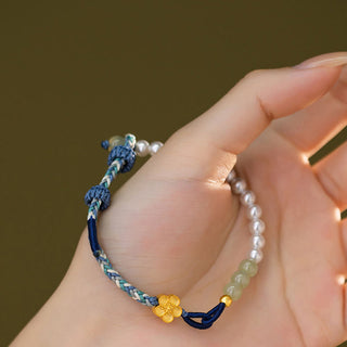 Buddha Gift 925 Sterling Silver Hetian Jade Peach Blossom Flower Pearl Braided Luck Bracelet