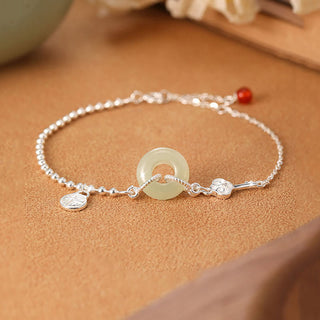Buddha Gift 925 Sterling Silver Hetian Jade Peace Buckle Fu Character Luck Chain Bracelet
