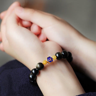 Buddha Gift 925 Sterling Silver Chinese Zodiac Natal Buddha Natural Gold Sheen Obsidian Amber Wealth Protection Bracelet