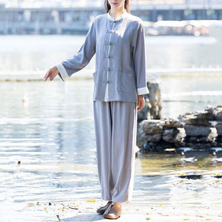 Buddha Gift 2Pcs Frog-Button Long Sleeve Shirt Top Pants Meditation Zen Tai Chi Cotton Linen Clothing Women's Set