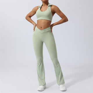 Buddha Gift 2Pcs Workout Sleeveless Backless Top Shorts Flared Pants Sports Fitness Yoga Outfit Set