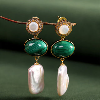 Buddha Gift 925 Sterling Silver Natural Baroque Pearl Malachite Healing Wisdom Drop Earrings