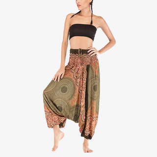 Buddha Gift Two Style Wear Round Geometric Pattern Loose Smocked Harem Trousers Jumpsuit High Waist Women's Yoga Pants