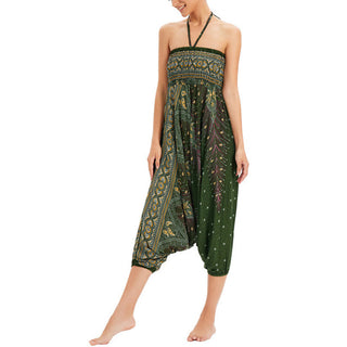 Buddha Gift Two Style Wear Peacock Feather Loose Smocked Harem Trousers Jumpsuit High Waist Pants