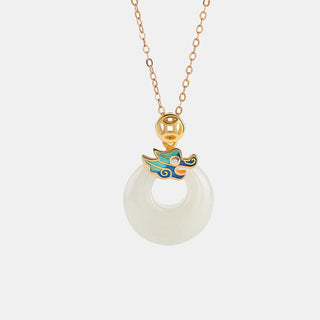 Buddha Gift 925 Sterling Silver Plated Gold Year of the Dragon Hetian Jade Peace Buckle Copper Coin Abundance Necklace Pendant