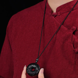 Buddha Gift Chinese Zodiac Natural Black Obsidian Peace Buckle Strength Necklace Pendant