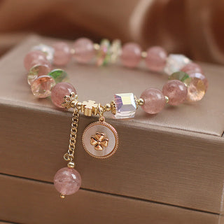 Buddha Gift Strawberry Quartz Lucky Four Leaf Clover Healing Charm Bracelet