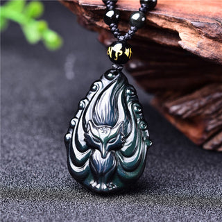 Buddha Gift Natural Rainbow Obsidian Nine Tailed Fox Inner Peace Necklace Beaded String Pendant