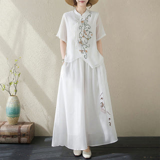 Buddha Gift 2Pcs Flower Embroidery Short Sleeve Tee T-shirt Wide Leg Pants Set