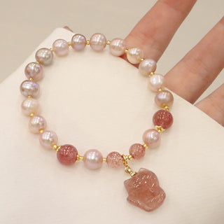 Buddha Gift Natural Pearl Strawberry Quartz Cute Fox Love Healing Charm Bracelet