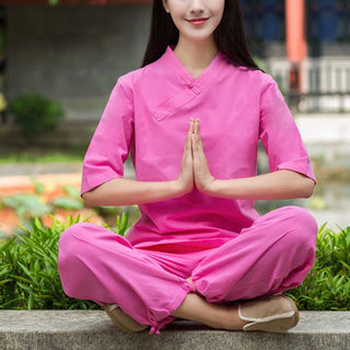 Buddha Gift 2Pcs Half Sleeve V-Neck Shirt Top Pants Meditation Zen Tai Chi Linen Clothing Women's Set