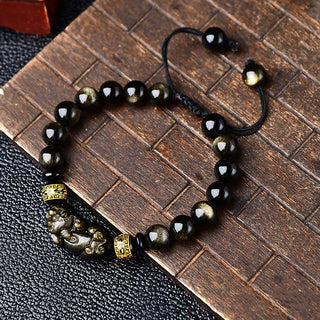 Buddha Gift Natural Gold Sheen Obsidian PiXiu Om Mani Padme Hum Wealth Braided Bracelet