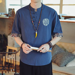 Buddha Gift Frog-Button Dragon Embroidery Chinese Tang Suit Short Sleeve Shirt Linen Men Clothing