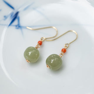 Buddha Gift 925 Sterling Silver 14K Gold Plated Hetian Jade Red Agate Luck Drop Dangle Earrings