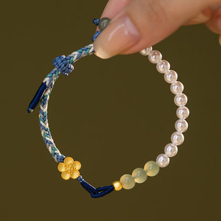 Buddha Gift 925 Sterling Silver Hetian Jade Peach Blossom Flower Pearl Braided Luck Bracelet