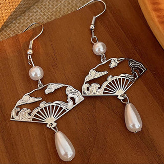 Buddha Gift Copper Fan Auspicious Clouds Pearl Healing Drop Earrings