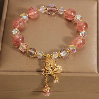 Buddha Gift Natural Strawberry Quartz Healing Positive Butterfly Charm Bracelet