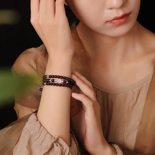 Buddha Gift 925 Sterling Silver Natural Garnet Cat Eye Protection Triple Wrap Bracelet