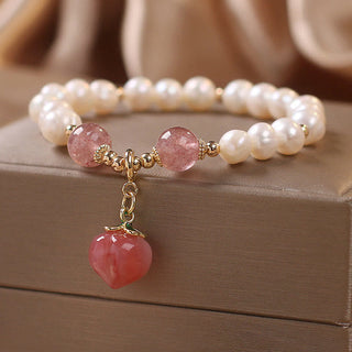 Buddha Gift Natural Pearl Strawberry Quartz Peach Love Heart Wisdom Charm Bracelet