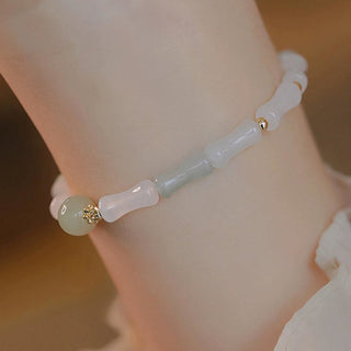 Buddha Gift 14K Gold Plated Hetian White Jade Bamboo Leaf Luck Protection Bracelet