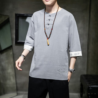 Buddha Gift Frog-Button Dragon Embroidery Chinese Tang Suit Three Quarter Sleeve Shirt Cotton Linen Men Clothing