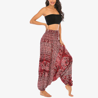 Buddha Gift Two Style Wear Elephant Pattern Loose Smocked Harem Trousers Jumpsuit Women's Yoga Pants