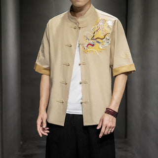 Buddha Gift Frog-Button Chinese Dragon Auspicious Cloud Embroidery Half Sleeve Shirt Cotton Linen Men Clothing