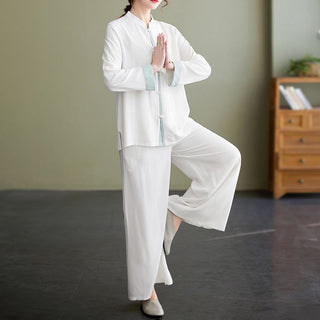 Buddha Gift 2Pcs Tang Suit Long Sleeve Shirt Top Pants Meditation Zen Tai Chi Cotton Linen Clothing Women's Set