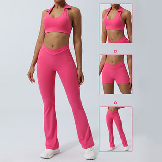 Buddha Gift 2Pcs Workout Sleeveless Backless Top Shorts Flared Pants Sports Fitness Yoga Outfit Set