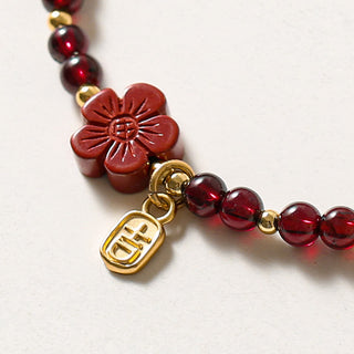 Buddha Gift 14K Gold Natural Garnet Cinnabar Flower Calm Bracelet