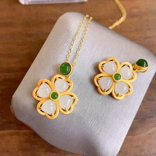 Buddha Gift 925 Sterling Silver Lucky Four Leaf Clover Jade Prosperity Necklace Chain Pendant