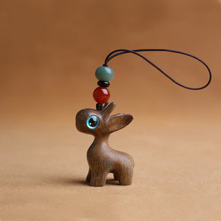 Buddha Gift Sandalwood Small Leaf Red Sandalwood Ebony Wood Green Sandalwood Lucky Mini Deer Carved Protection Key Chain Phone Hanging Decoration