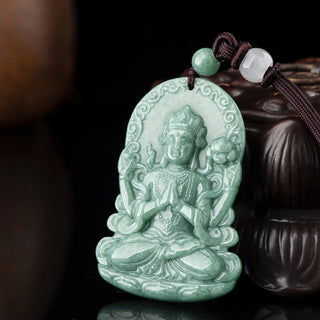 Buddha Gift Four-armed Avalokitesvara Natural Jade Amulet Blessing String Necklace